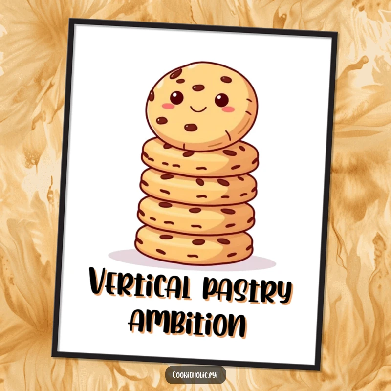 Funny Poster: A cookie stands tall and balanced on a large stack of cookies, a whimsical and humorous illustration.