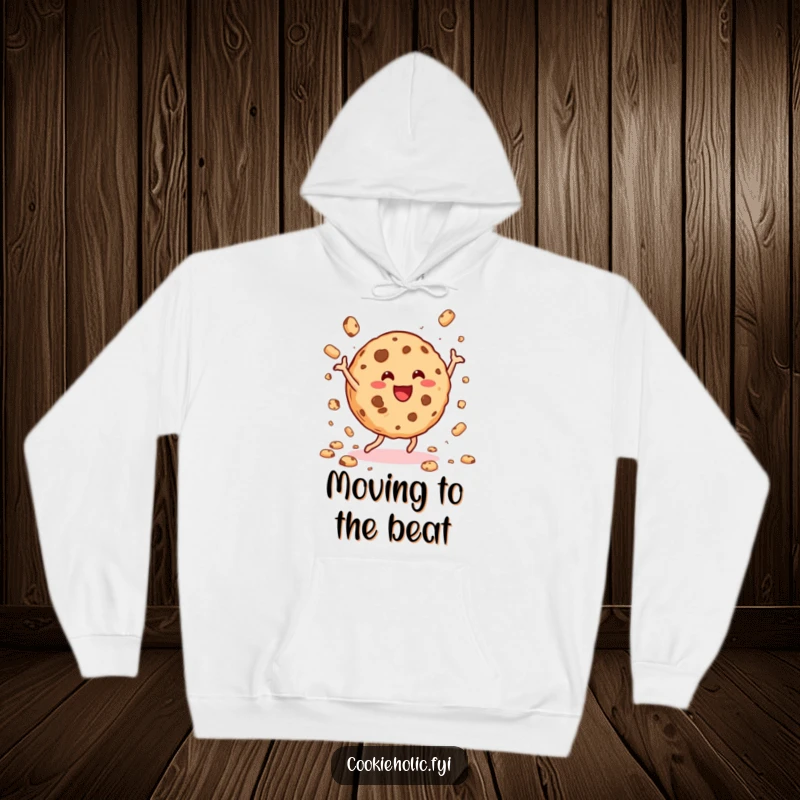 Funny cookie dance hoodie showing a delighted cookie dancing energetically and scattering crumbs, perfect for cozy fun.