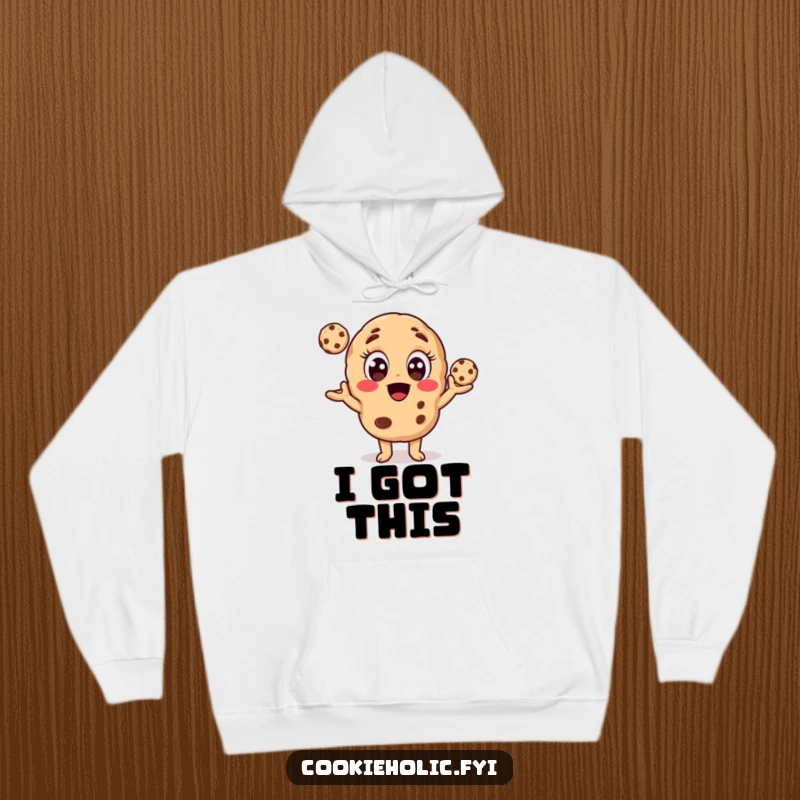 Funny hoodie featuring an energetic cookie character juggling tiny cookies, offering warmth and a humorous, baking-themed design.