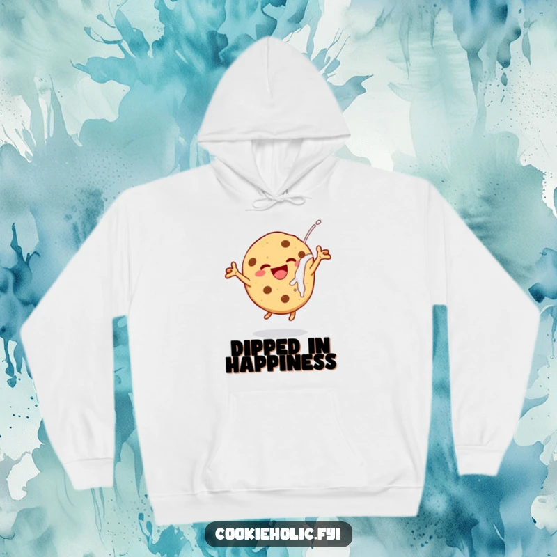Funny cozy hoodie featuring a cheerful cookie leaping with delight after a milk dunk, perfect for warm and humorous comfort.
