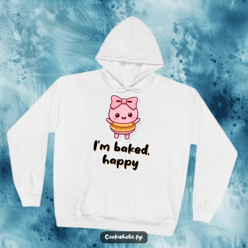 Funny Kawaii macaron character doing a cheerful bow with stacked cookies, a cozy and heartwarming hoodie design.