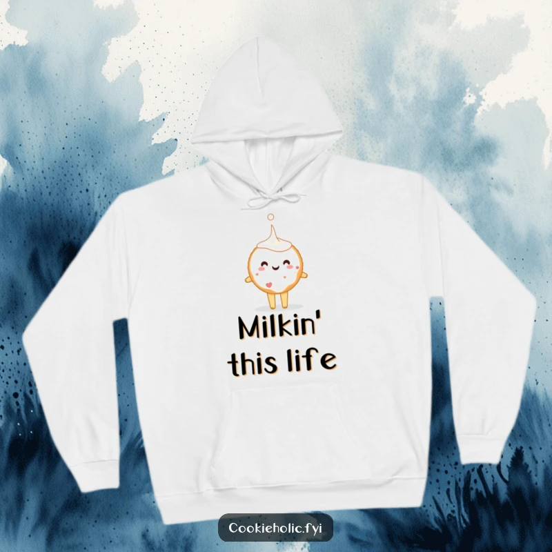 Funny sugar cookie tiptoeing with a giant milk drop, depicted on a cozy hoodie, perfect for a lighthearted and warm feeling.