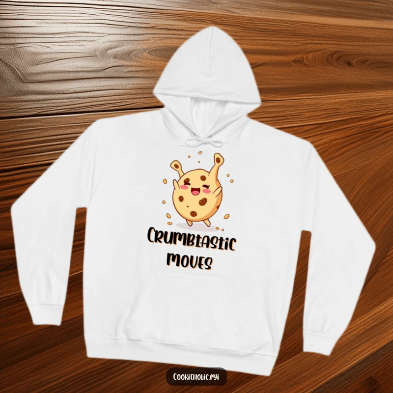Funny hoodie: A round cookie character happily does a somersault, showering crumbs, radiating pure, delicious fun.