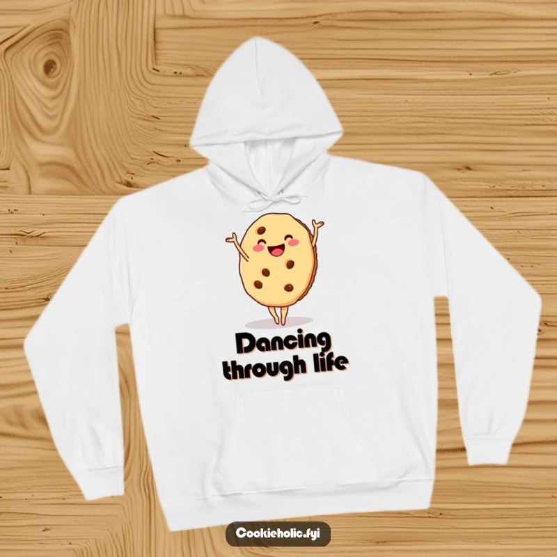 Funny cookie hoodie depicting a smiling cookie striking an elegant ballet pose, looking poised and cheerful.