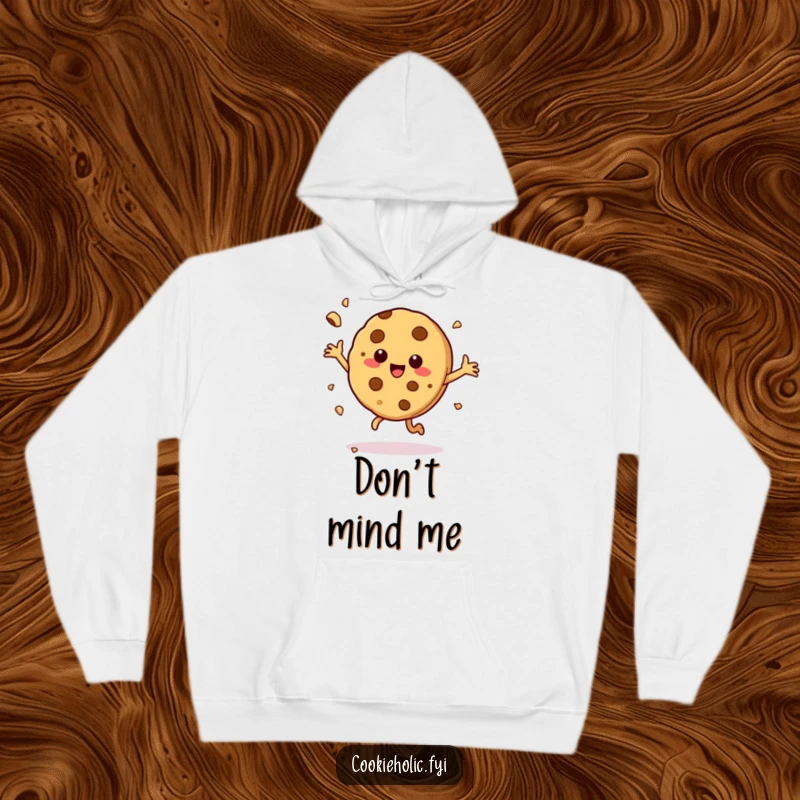 Funny hoodie showcasing a cookie character mid-happy dance, crumbs flying, radiating pure, infectious cookie happiness.