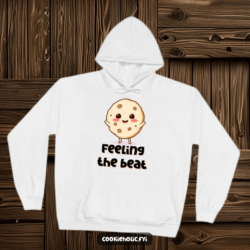 Funny cookie with a happy expression doing a little shimmy, featured on a warm and cozy hoodie.