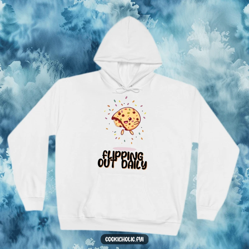 Funny Hoodie: A cookie performs a spectacular flip, with sprinkles flying energetically, representing playful acrobatics.