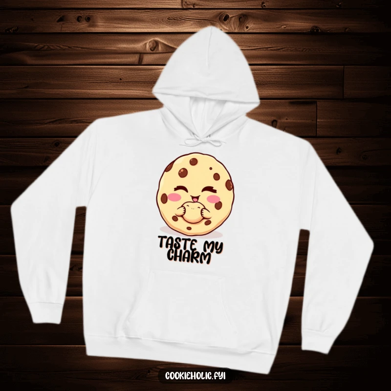 Funny hoodie showcasing a cookie character winking mischievously while offering a tempting, perfect bite.