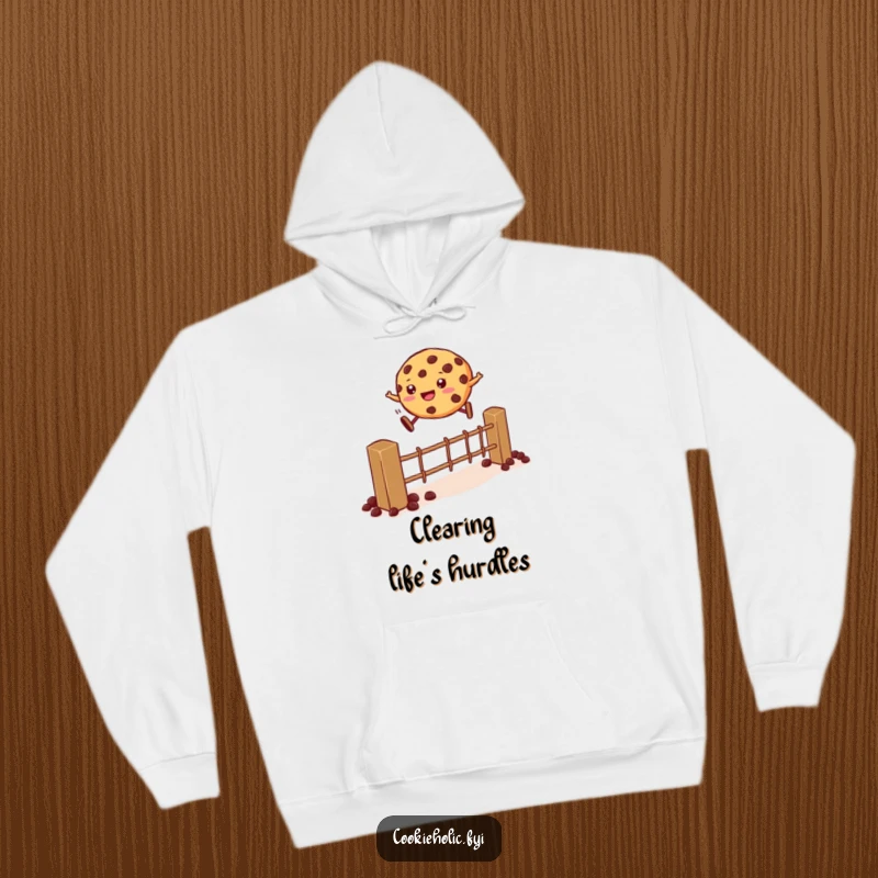Funny Hoodie: A cookie clears a fence made of chocolate chips in a dynamic, humorous leap.