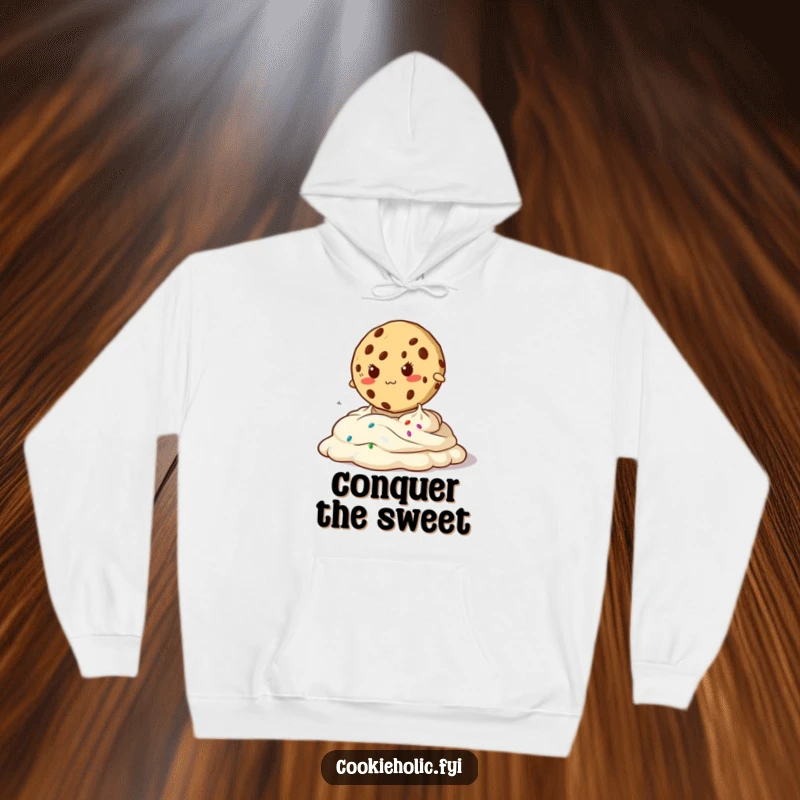 Funny hoodie featuring a determined cookie character jumping over oozy frosting, offering warmth and a humorous motivational message.