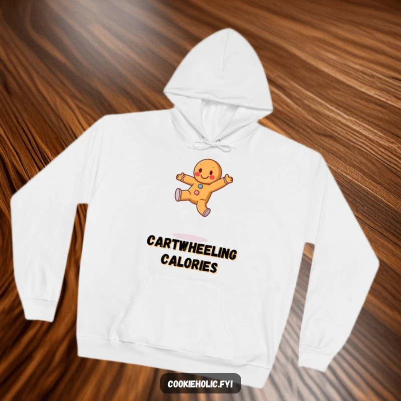 Funny hoodie featuring a happy gingerbread man with frosting buttons doing a cartwheel, offering cozy holiday cheer and humor.