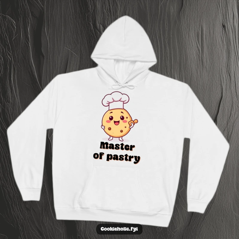 Funny hoodie featuring a happy cookie chef with a rolling pin, symbolizing baking fun and cozy comfort.
