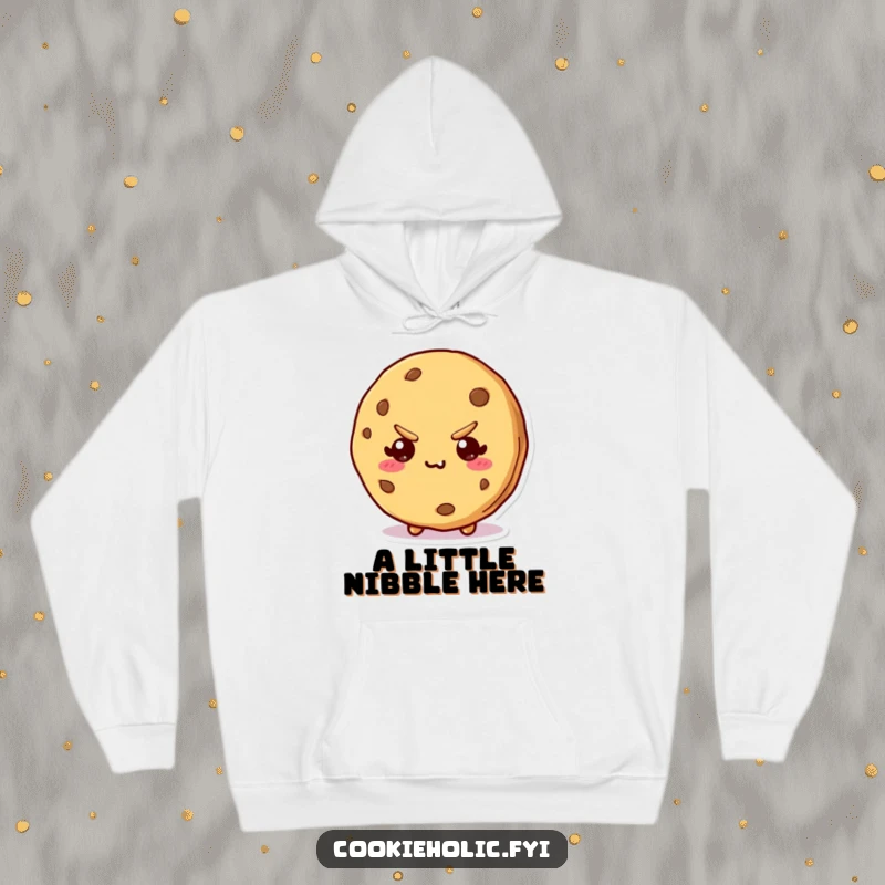 Funny hoodie with a kawaii cookie character sporting a bite mark and a sly, mischievous smirk, perfect for cozy intrigue.