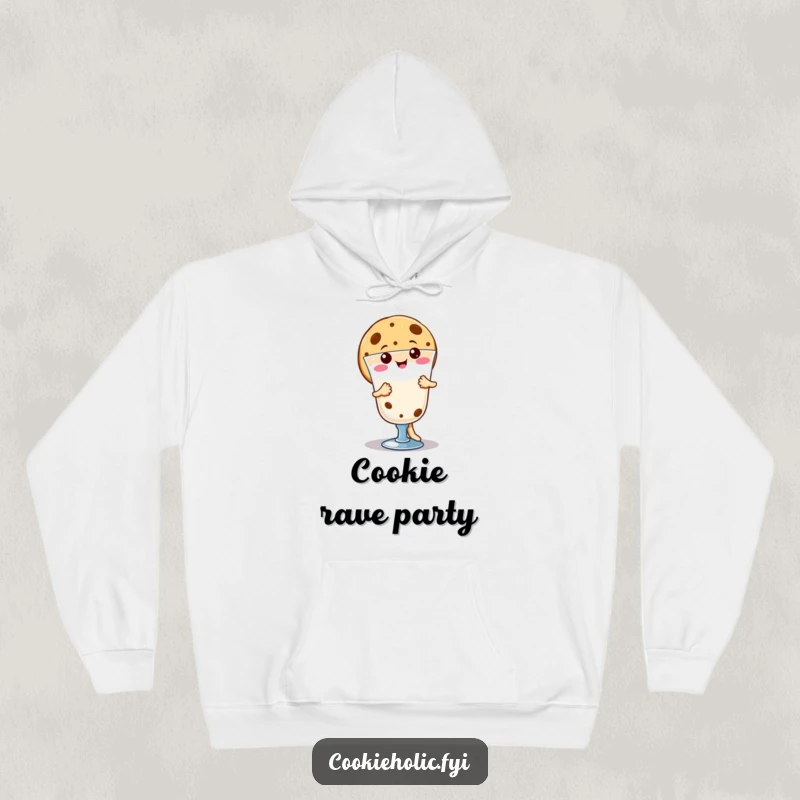 Funny cheerful kawaii cookie character dancing around milk, soft and cozy hoodie for sweet lovers, perfect funny gift.