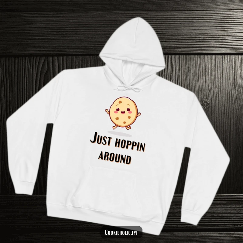 Funny, cozy hoodie featuring a kawaii cookie character joyfully hopping, perfect for conveying sweet and happy energy.