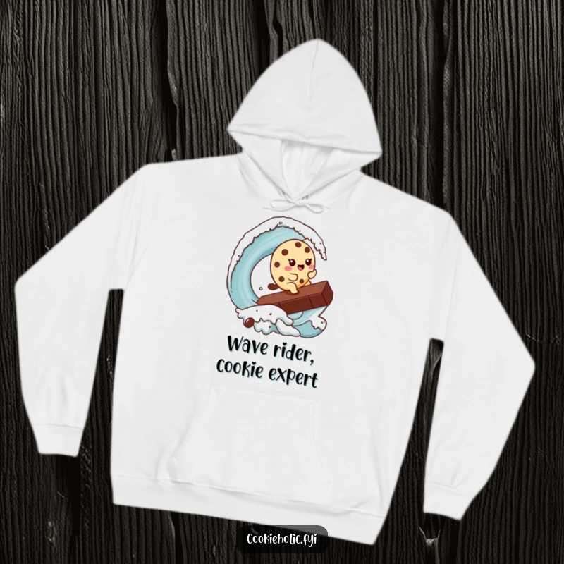 Funny Kawaii cookie character wearing sunglasses, surfing a giant chocolate chip wave, depicted on a warm, funny hoodie.
