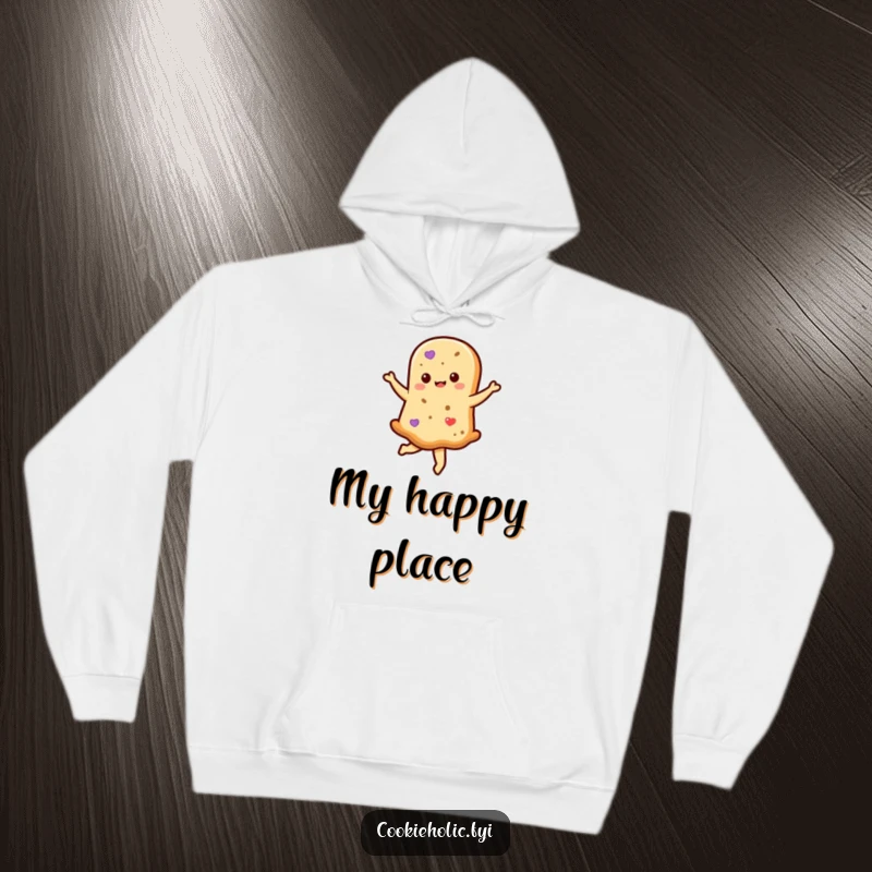 Funny kawaii shortbread cookie character doing a graceful twirl, featured on a cozy hoodie, offering warmth and humorous delight.