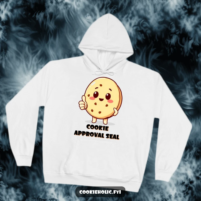 Funny delighted kawaii cookie character giving a thumbs-up, comfortable hoodie for cheerful people, perfect funny gift.