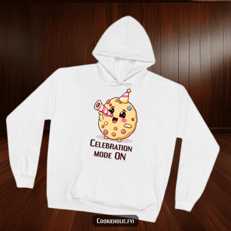 Funny cookie with candy decorations blowing a party horn, depicted on a soft, warm hoodie for ultimate comfort and humor.