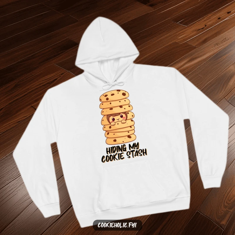 Funny cookie character peeking from behind a huge stack of cookies on a soft hoodie.