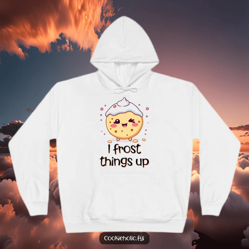 Funny Hoodie: A beaming Kawaii cookie character winks playfully, scattering frosting with a mischievous and happy expression.