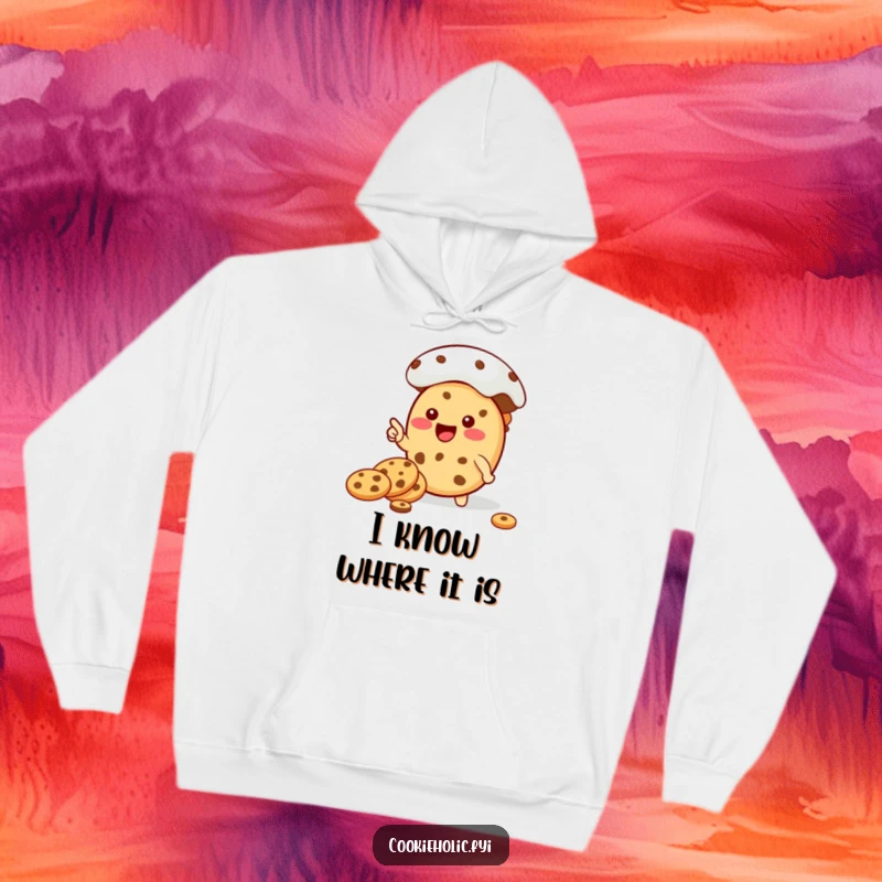 Funny Kawaii cookie character pointing excitedly at a massive cookie jar, featured on a warm, funny hoodie.