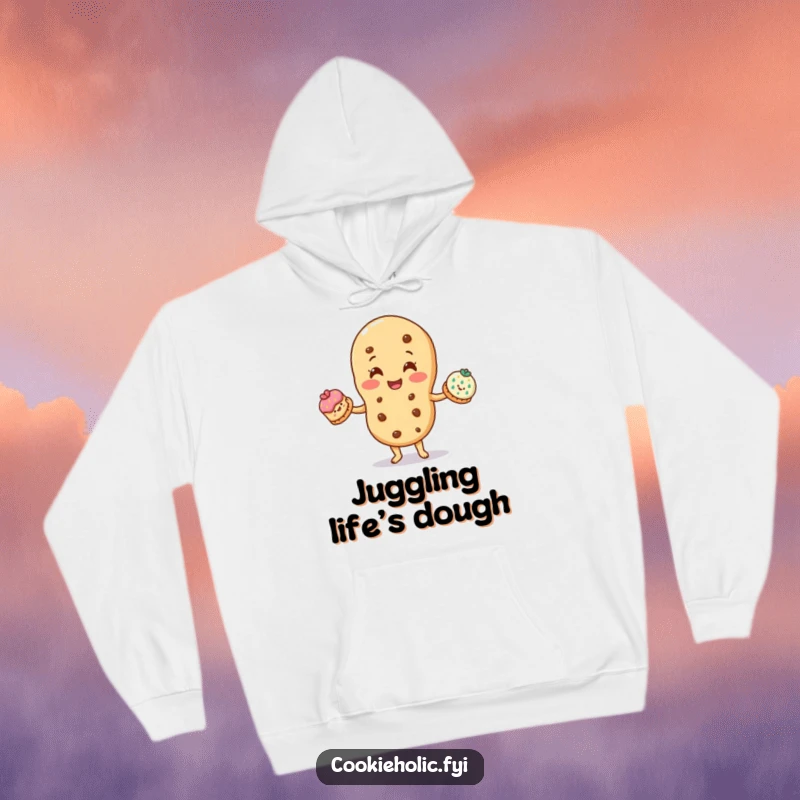 Funny hoodie: A smiling cookie character juggles three smaller, decorated cookies, showcasing great dexterity and focus.
