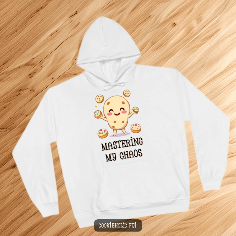 Funny Hoodie depicting a smiling cookie character juggling three smaller, decorated cookies, symbolizing skillful multitasking and cheerful execution.