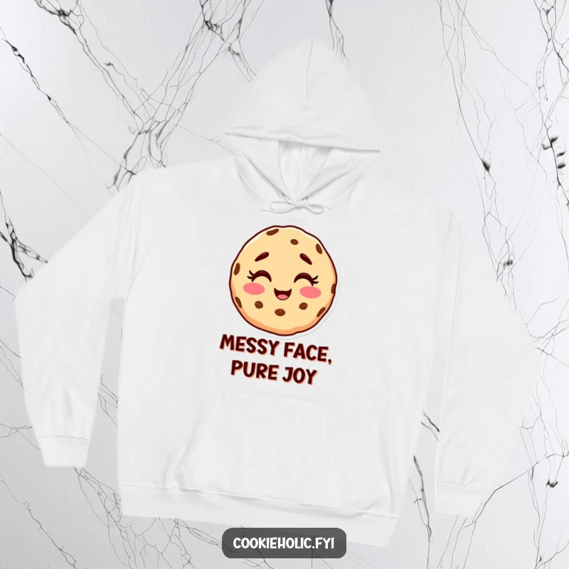 Funny hoodie showcasing a cookie character with a happy, messy face, captured in a moment of pure giggling.