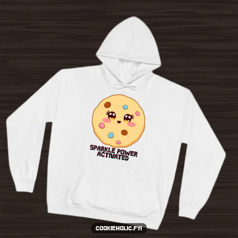 Funny hoodie with a kawaii cookie character whose eyes sparkle brilliantly like colorful candy decorations, offering cozy style.