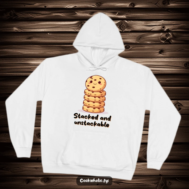 Funny Hoodie: A precarious cookie balances on a large stack of cookies, a humorous depiction of sweet challenges.