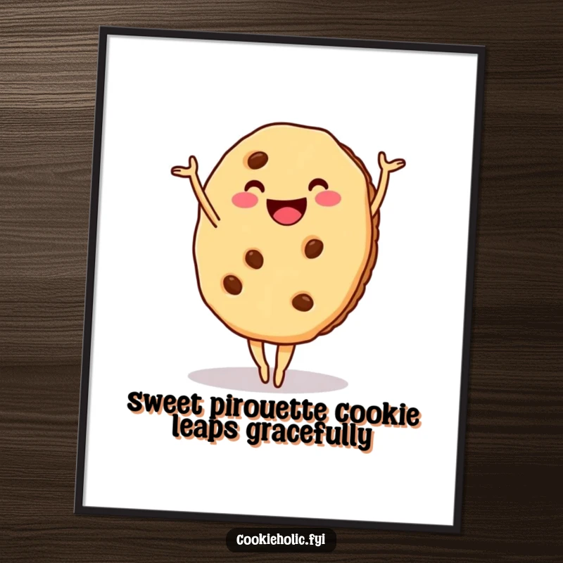 Funny Free Printable Wall Art depicting a cookie with a big smile striking a surprisingly elegant ballet pose.