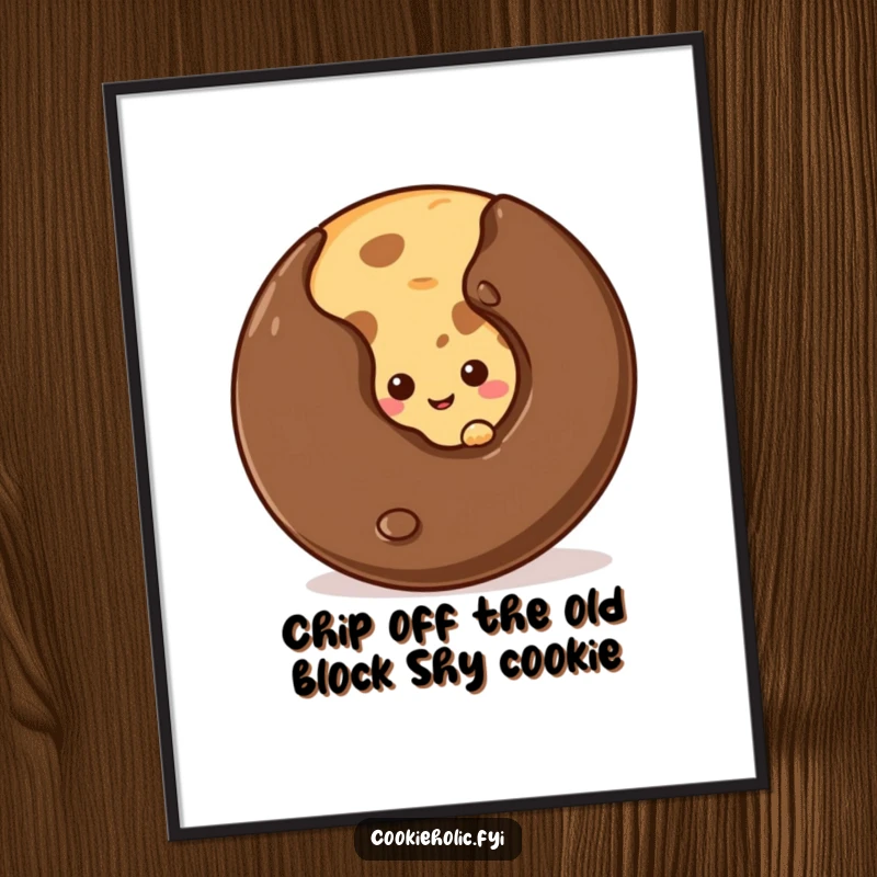 Funny Free Printable Wall Art featuring a shy cookie with a small smile peeking out from behind an oversized chocolate chip.