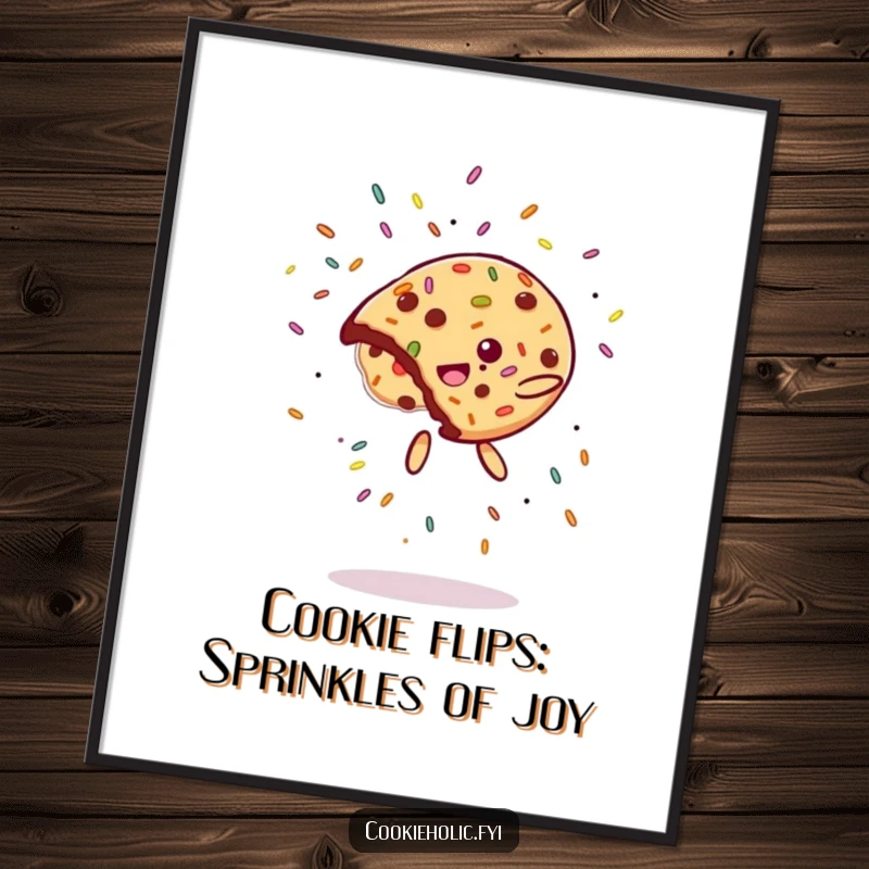 Funny Free Printable Wall Art: A cookie caught mid-flip, with a dazzling spray of colorful sprinkles flying outwards, celebrating movement.
