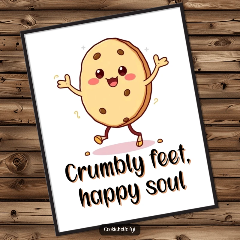 Funny Free Printable Wall Art: A kawaii cookie character joyfully dancing a jig, with crumbs scattering.