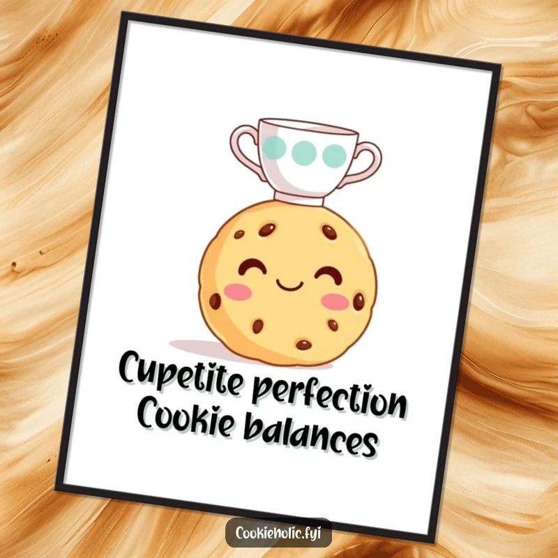 Funny Free Printable Wall Art showcasing a cookie with a frosting smile perfectly balancing a tiny teacup on its head.