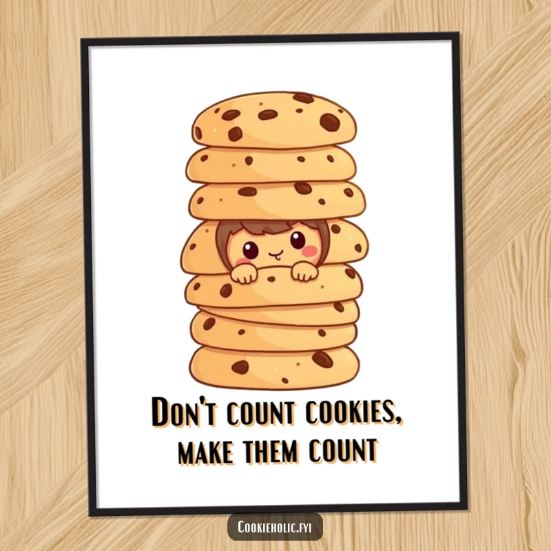 Funny Free Printable Wall Art: A cookie character peeks mischievously from behind a tall stack of cookies.