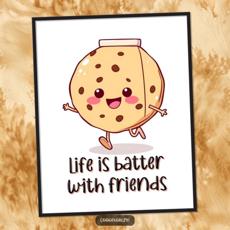 Funny Free Printable Wall Art: Happy cookie with tiny legs running with pure joy towards a giant milk carton, whimsical decor