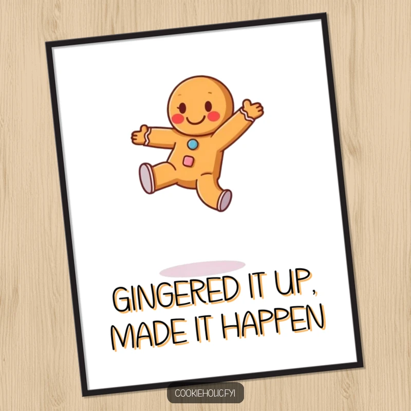 Funny Free Printable Wall Art: Happy gingerbread man with frosting buttons performing a joyful cartwheel, whimsical baking art