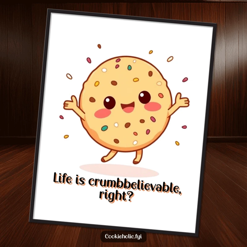 Funny Free Printable Wall Art: A cheerful Kawaii cookie character joyfully dancing amidst a shower of edible sprinkles.