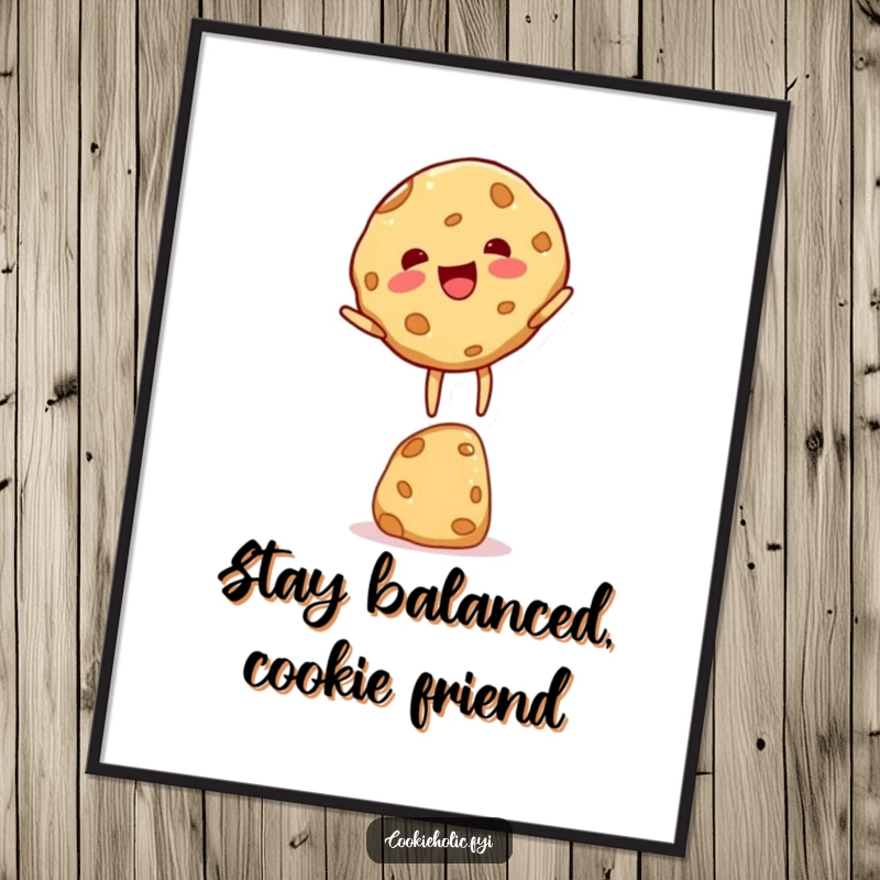Funny Free Printable Cookie Wall Art showing a cookie character in a state of delightful, precarious balance, ready to adorn your walls.