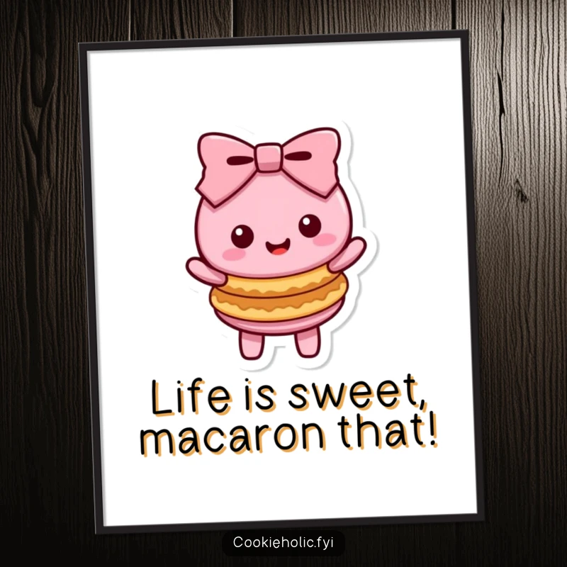 Funny Free Printable Wall Art featuring a cute Kawaii macaron character doing a happy bow with stacked cookies.