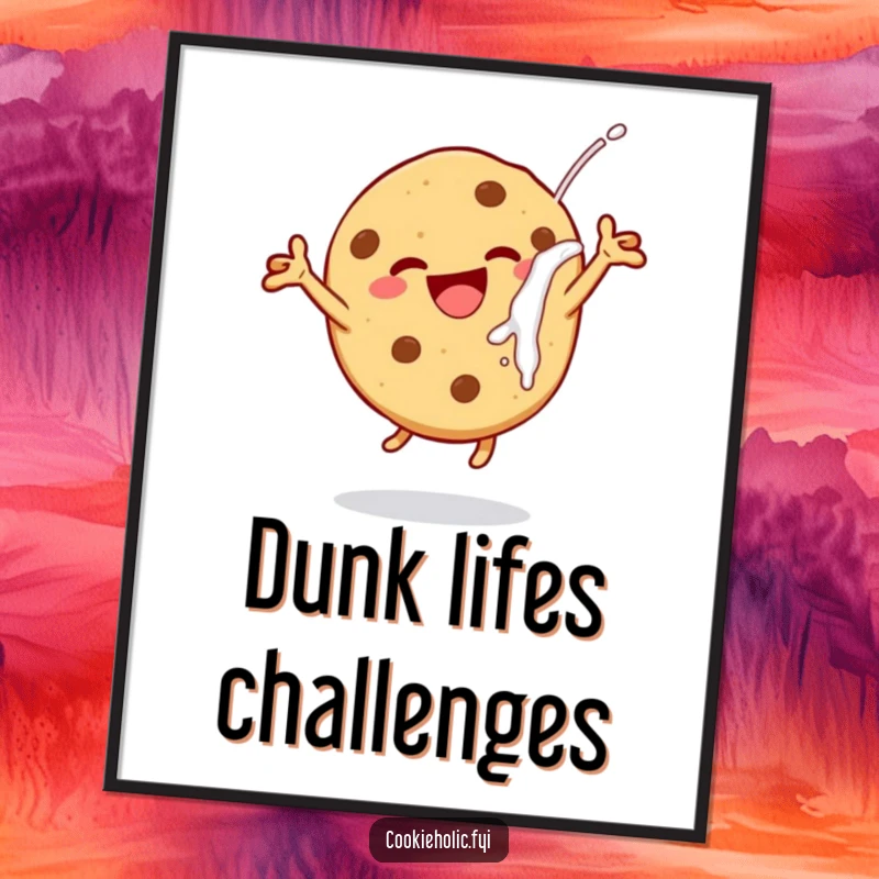 Funny Free Printable Wall Art of a Cheerful Cookie Character Leaping with Delight After Dunking in Milk