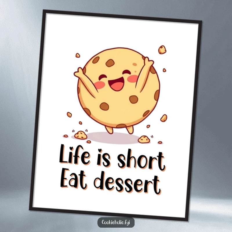 Funny Free Printable Wall Art: Round cookie character doing a happy somersault with crumbs flying, humorous downloadable decor.