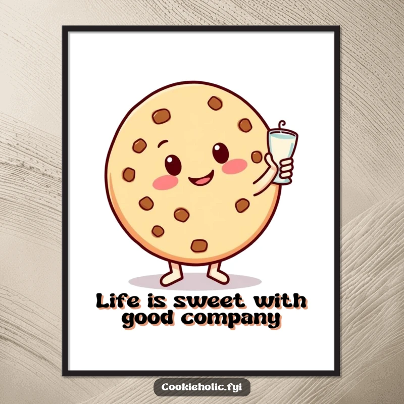 Funny Free Printable Wall Art: Round, happy cookie character dances with milk glass, smiling. Sweet downloadable art poster.
