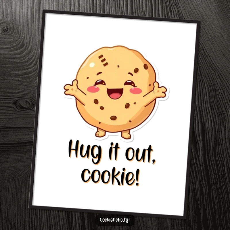 Funny Free Printable Wall Art of a cookie with a massive smile and arms spread wide, inviting everyone for a hug.