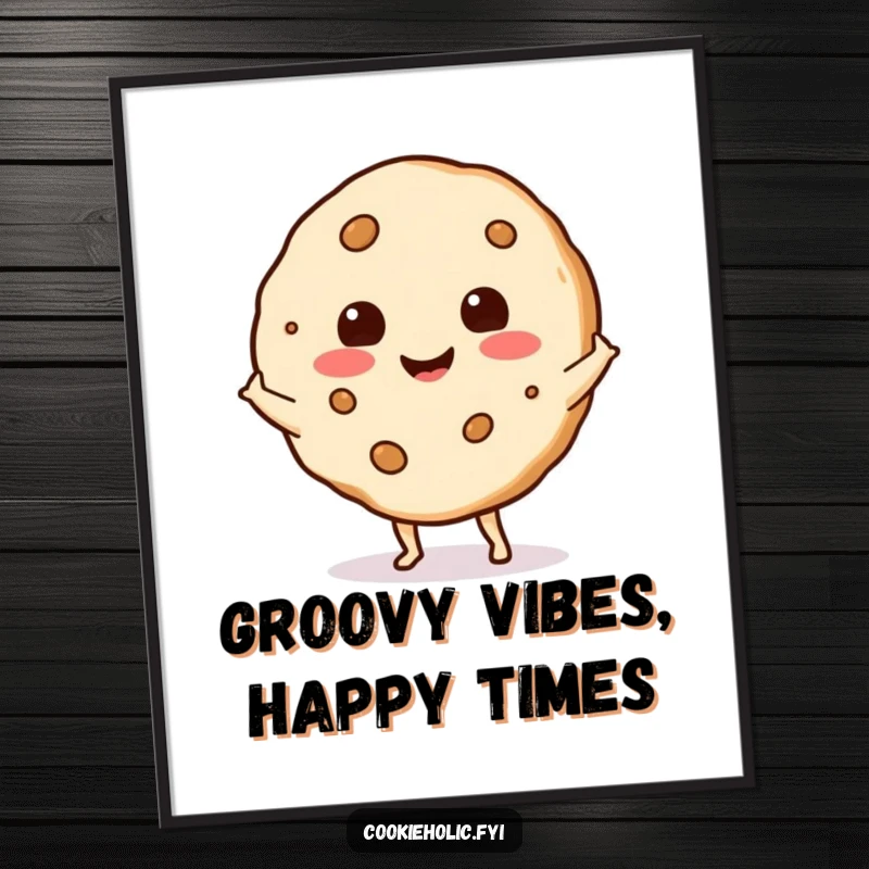 Funny free printable wall art of a cookie with a happy expression doing a little shimmy, radiating pure joy.