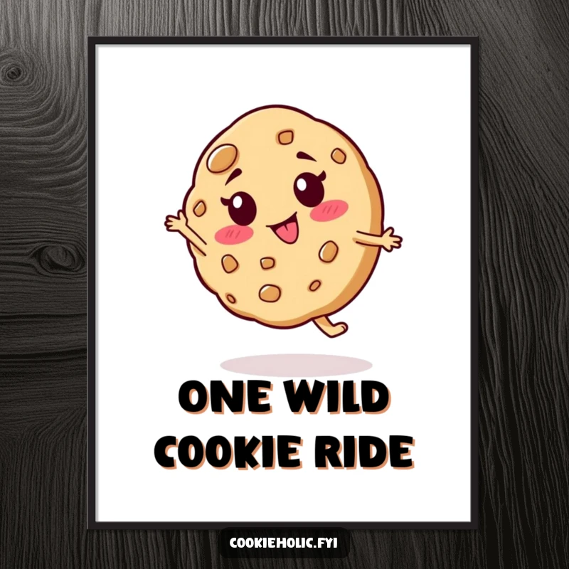 Funny Free Printable Wall Art of a cookie with a goofy expression captured in a silly, energetic spin, full of movement.