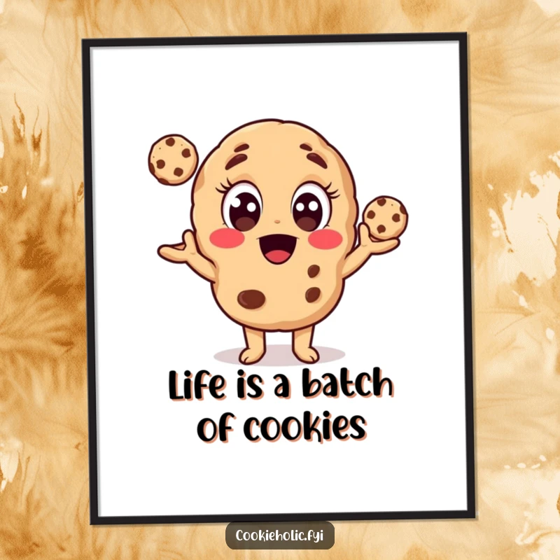 Funny Free Printable Wall Art: A cookie character with wide, excited eyes enthusiastically juggles three miniature cookies, perfect art.