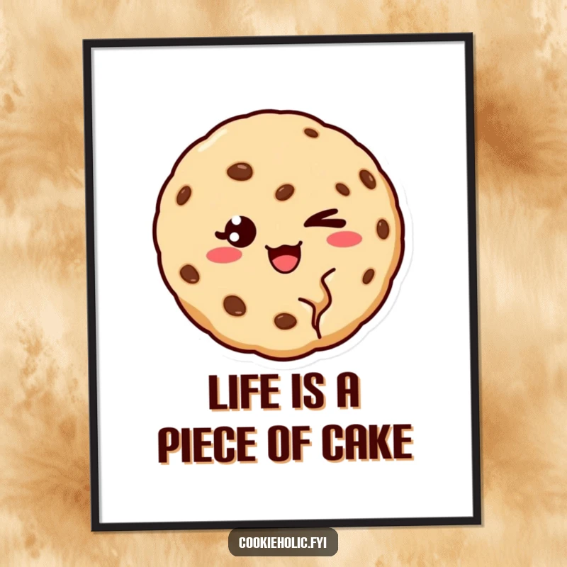Funny free printable wall art showcasing a cookie missing a bite, winking with playful charm.